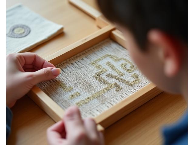 ミニ織機を使って、伝統的な織り模様で小さなコースターを制作している様子。