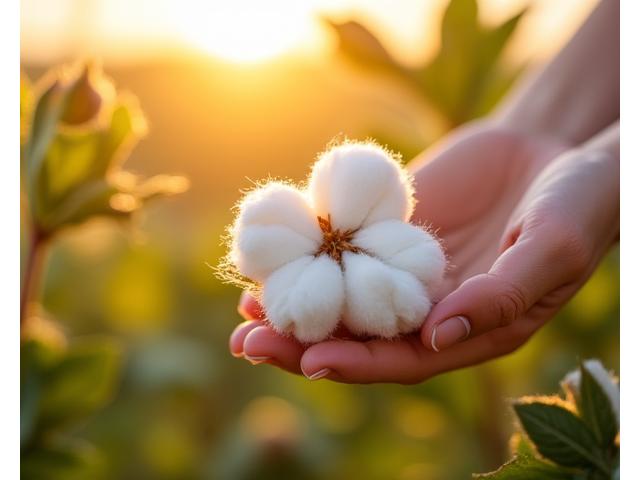 畑で栽培されたオーガニックコットンと、それを手で摘む様子