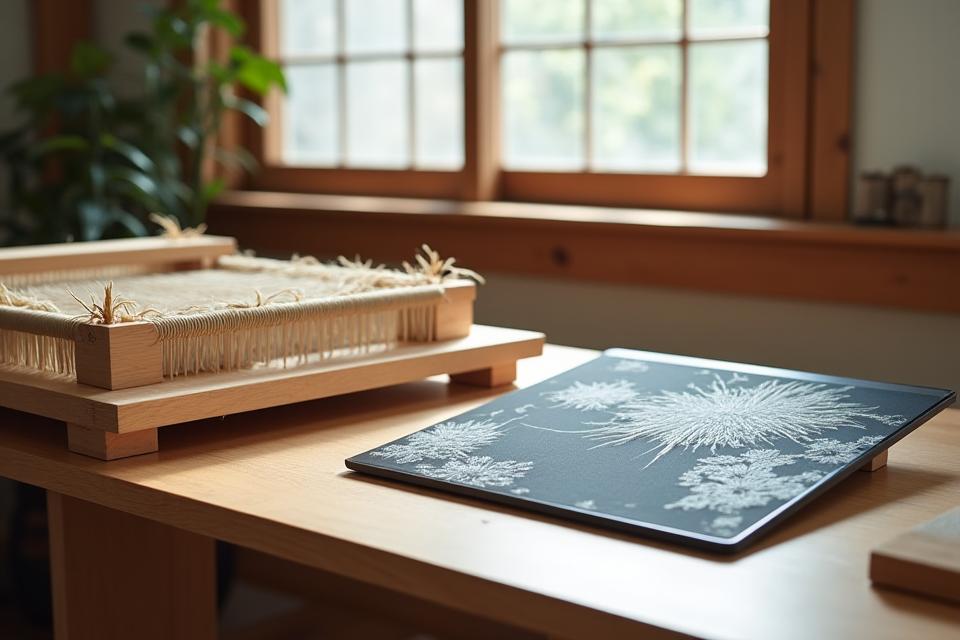 歴史ある日本の伝統的な織機と、その隣に設置された最新のデジタルデザインタブレットが並べられた工房の風景