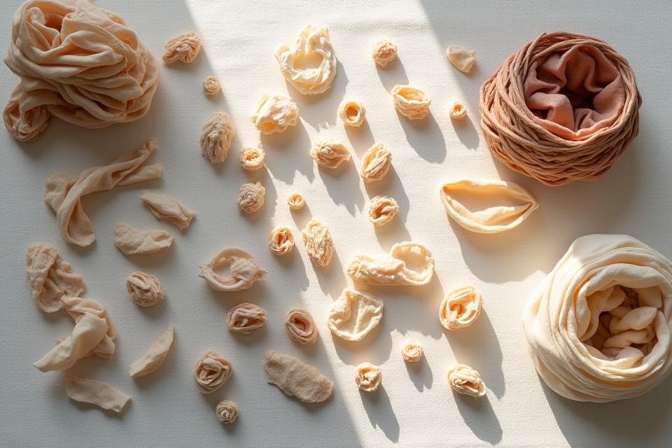 多様な色とテクスチャの布の端材が丁寧に分類され、再利用のために準備されている様子