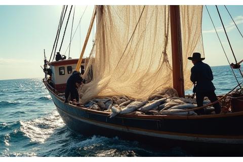 商業漁船から大型定置網を引き上げる漁師たち