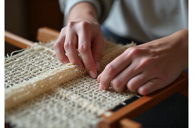 職人が伝統的な道具を使って網を織る手元のクローズアップ