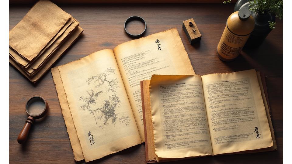 古文書や絵図が広がる書斎のテーブル。虫眼鏡や伝統的な筆が置かれ、歴史考証の雰囲気を伝える。