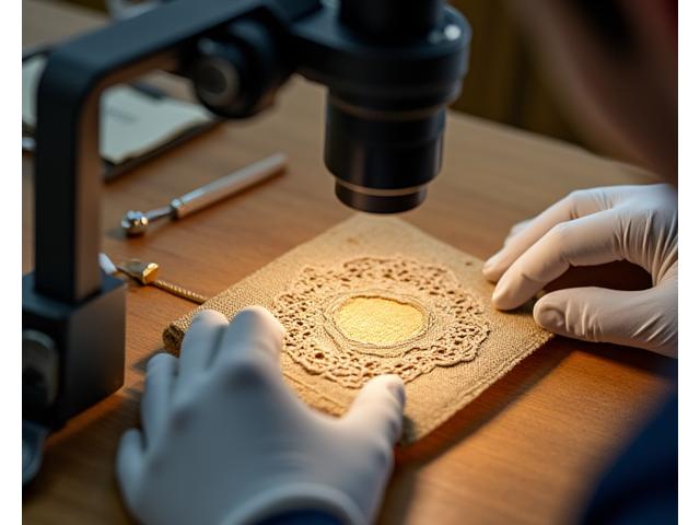 顕微鏡で古い繊維を分析している修復士の手元。高い専門性と精密さを象徴する画像。