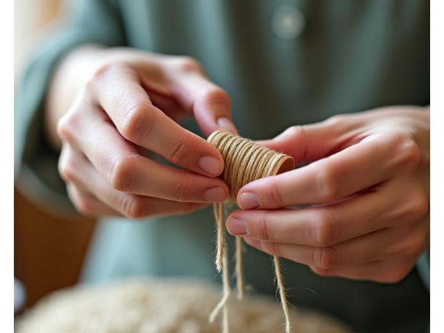 初心者向けのワークショップで糸を巻く参加者の手元